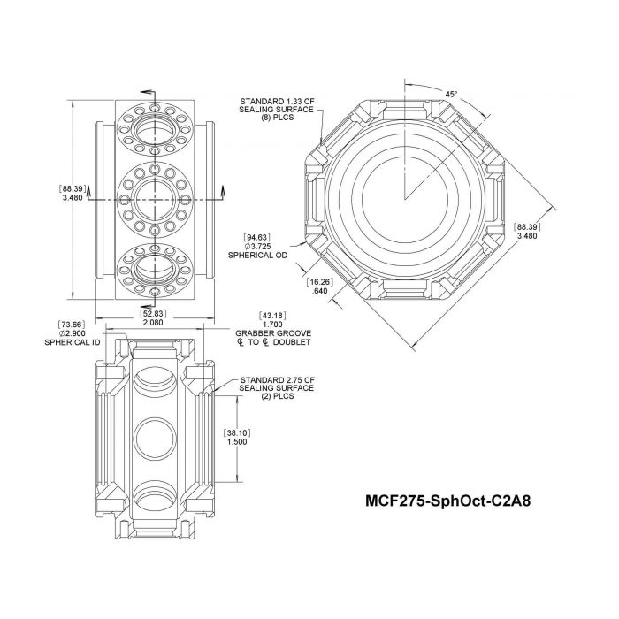 美國Kimball Physics Multi-CF™ 2.75英寸球形八邊形（具有外部安裝能力）-真空室 MCF275-SphOct-C2A8 真空腔