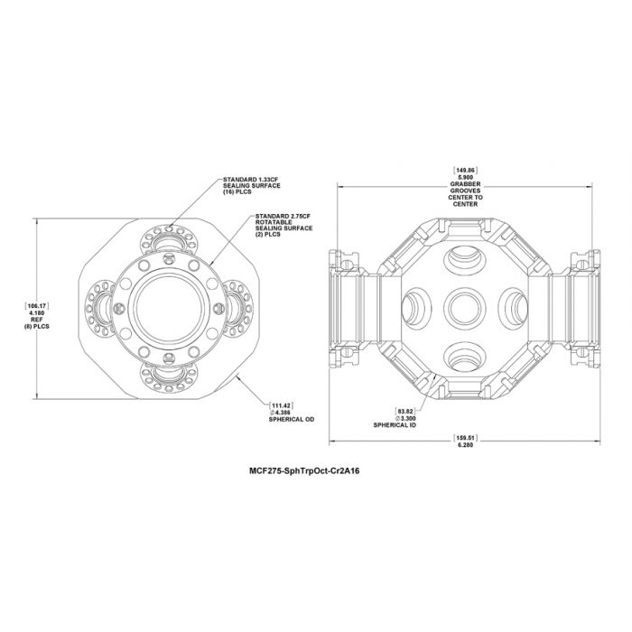 美國Kimball Physics Multi-CF™ 2.75英寸可旋轉球形三邊形八角形 真空室 MCF275-SphTrpOct-Cr2A16 真空腔