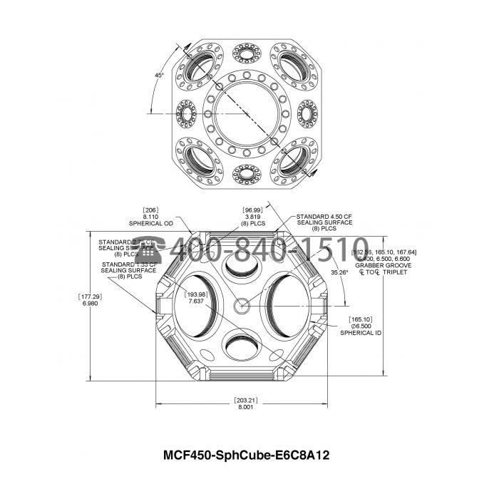 美國Kimball Physics Multi-CF™ 4.50英寸球形立方體（擴展版）-真空室 MCF450-SphCube-E6C8A12 真空腔